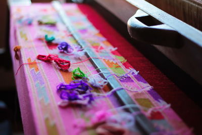 High angle view of multi colored pencils on table