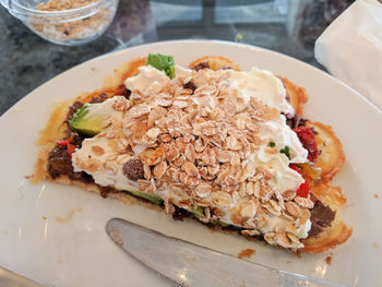 High angle close-up of food in plate on table