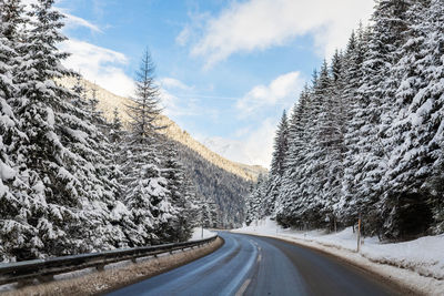 Road amidst snow covered trees against sky