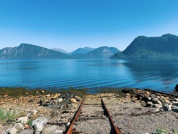 Scenic view of lake against clear blue sky