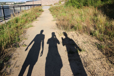 High angle view of man shadow on grass