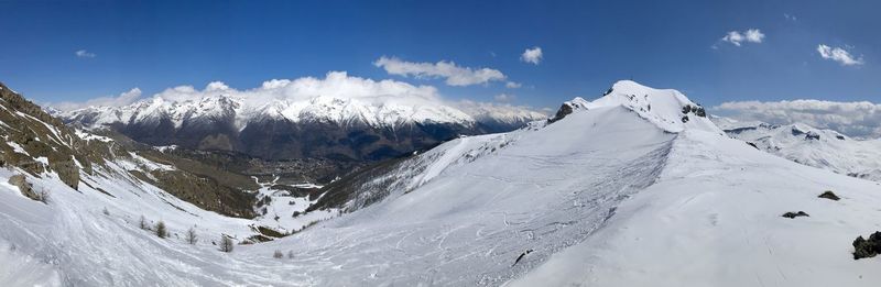 Panoramic view of snowcapped mountains against sky