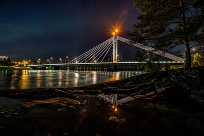 Illuminated bridge over river at night