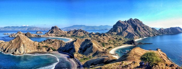 Panoramic view of rocks in sea against clear blue sky