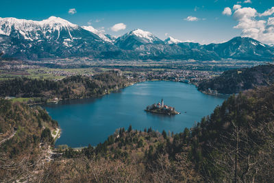 Lake bled, slovenia, mountain range, snow covered.