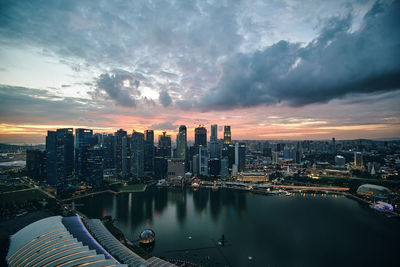 Aerial view of buildings in city against sky during sunset