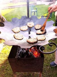 High angle view of food on barbecue grill