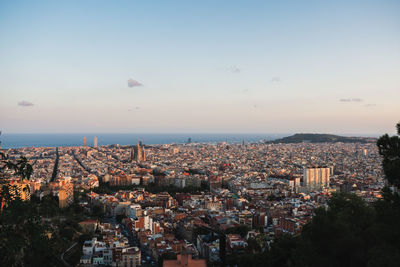 High angle view of townscape against sky during sunset