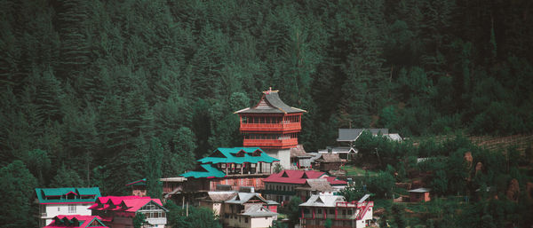 View of temple in the village in lush green mountains