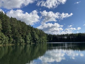 Scenic view of lake by trees against sky