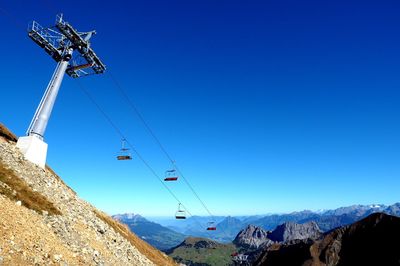 Low angle view of overhead cable car against blue sky