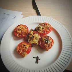 High angle view of food in plate on table