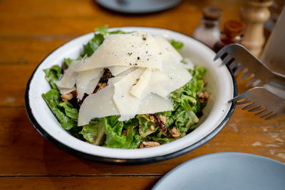 High angle view of food in plate on table