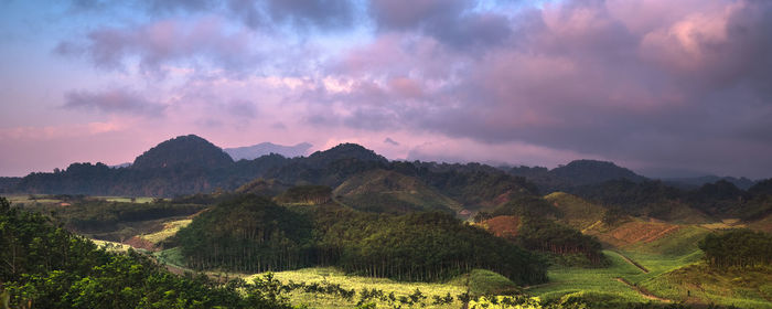 Scenic view of mountains against sky during sunset