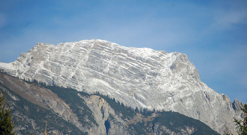 Low angle view of snowcapped mountain against sky