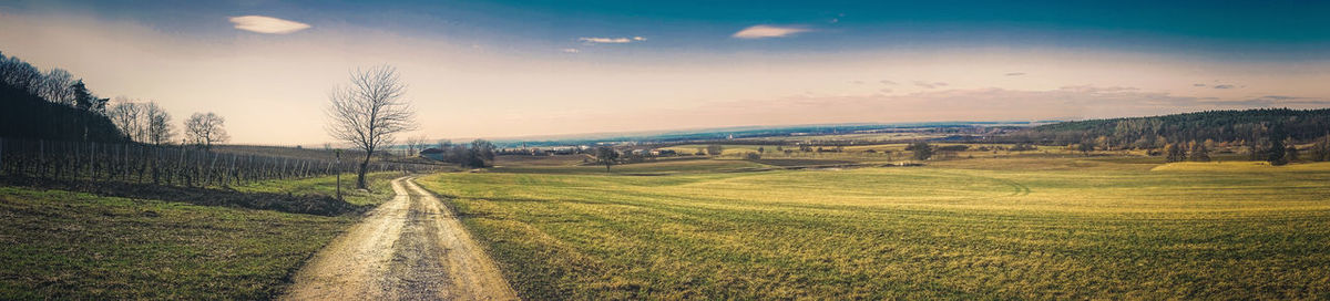 Road amidst field against sky during sunset