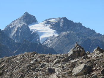 Scenic view of snowcapped mountains against clear sky