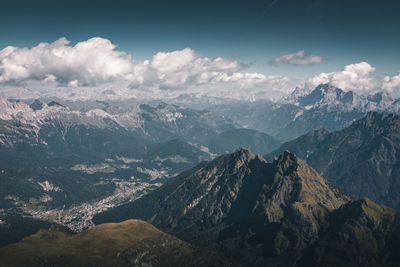 Aerial view of snowcapped mountains against sky