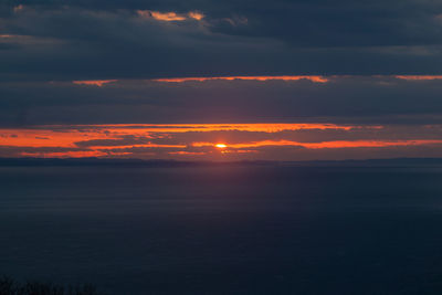 Scenic view of sea against dramatic sky during sunset