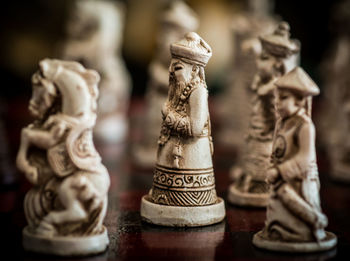 Close-up of figurines on chess board