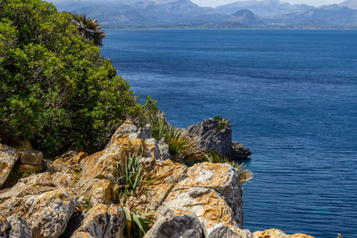 Bay on the peninsula la victoria, mallorca with rock in the water and rocky coastline