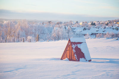 Scenic view of snow covered field against sky