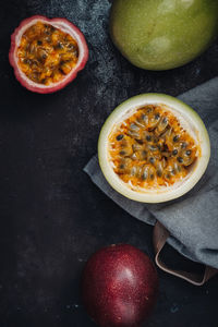 High angle view of fruits in bowl on table