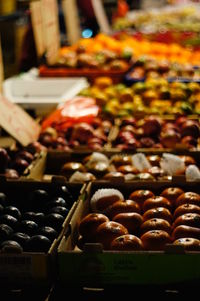 High angle view of fruits and vegetables for sale at table