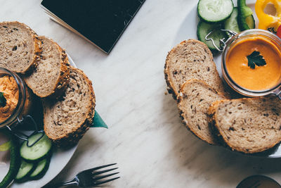 High angle view of food served on table