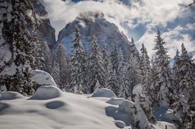 Scenic view of snow covered mountains against sky