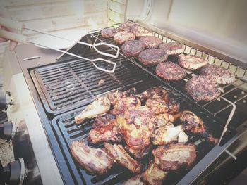 Close-up of meat on barbecue grill