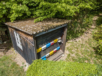 High angle view of multi colored umbrella on land