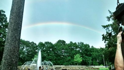 Scenic view of rainbow over trees against sky