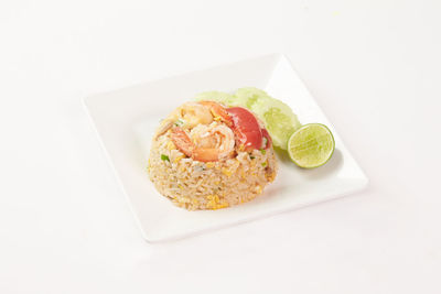 High angle view of breakfast served on table