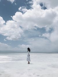 Rear view of woman on beach against sky