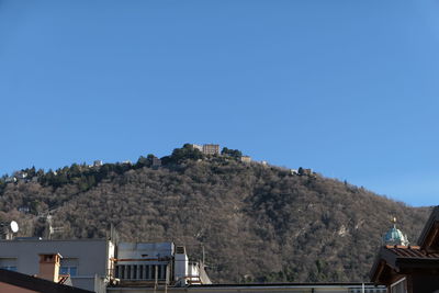 Buildings and trees against clear blue sky