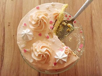 High angle view of cake in bowl on table