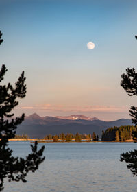 Moon appears over lake yellowstone during a sunset, with the rocky mountains in the background