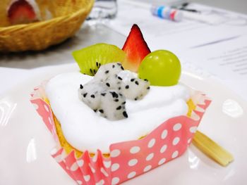 Close-up of dessert served on table