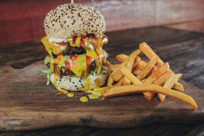 Close-up of burger on cutting board