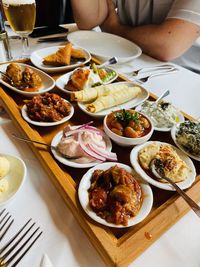 High angle view of food served on table