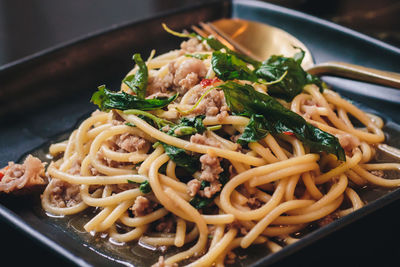 Close-up of noodles served in plate