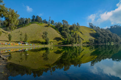 Scenic view of lake by trees against sky