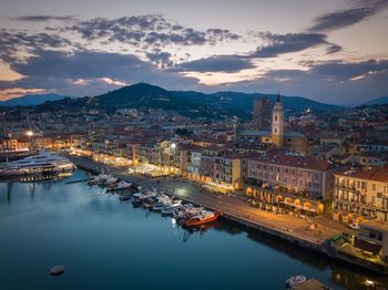 High angle view of city at waterfront