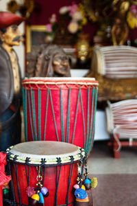 Close-up of drums for sale at store