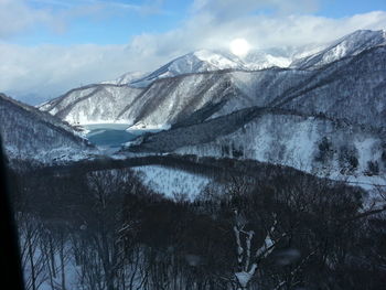 Scenic view of lake and snowcapped mountains during winter