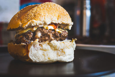 Close-up of hamburger in plate