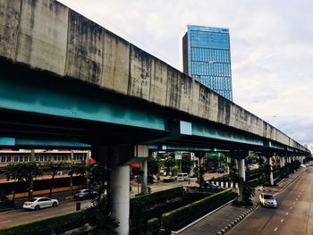 Bridge over road against sky in city