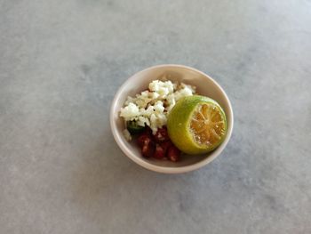 High angle view of fruits in bowl on table