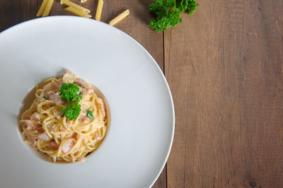 High angle view of food in plate on table